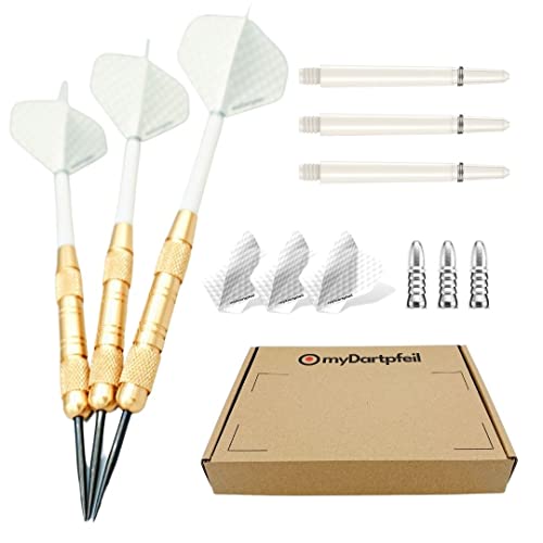 Dartpfeile mit Metallspitze für Dartscheibe | Profi Steel-Darts 22g mit Stahl Spitze | Dart-Set mit Schäften und Darts Flights | Steel Dartpfeile und Darts Zubehör in weiß von myDartpfeil