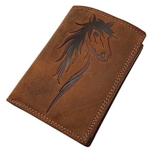 Echt Büffel-Vollleder Damen Geldbörse / Geldbeutel / Portemonnaie / Portmonaise / Geldtasche / Portmonee in Hochformat mit Pferd-Motiv mit RFID & NFC Schutz in Cognac Echt Büffel-Vollleder Damen Geldbörse / Geldbeutel / Portemonnaie / Portmonaise / Geldtasche / Portmonee in Hochformat mit Pferd-Motiv mit RFID & NFC Schutz in Cognac von myledershop