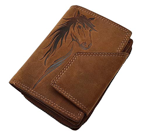 Echt Büffel-Vollleder Damen Geldbörse / Geldbeutel / Portemonnaie / Portmonaise / Geldtasche / Portmonee in Hochformat mit Pferd-Motiv mit RFID & NFC Schutz in Cognac Echt Büffel-Vollleder Damen Geldbörse / Geldbeutel / Portemonnaie / Portmonaise / Geldtasche / Portmonee in Hochformat mit Pferd-Motiv mit RFID & NFC Schutz in Cognac von myledershop