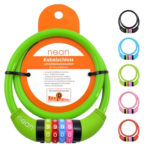 nean Fahrradschloss mit Zahlen für Kinder, diverse Farben,10x650 mm, Kabel Schloss Code Kombination, Kinderschloss Fahrrad, Farbenfrohes Kinderfahrradschloss, Zahlenschloss Kind Mädchen, Jungen (grün) nean Fahrradschloss mit Zahlen für Kinder, diverse Farben,10x650 mm, Kabel Schloss Code Kombination, Kinderschloss Fahrrad, Farbenfrohes Kinderfahrradschloss, Zahlenschloss Kind Mädchen, Jungen (grün) von nean