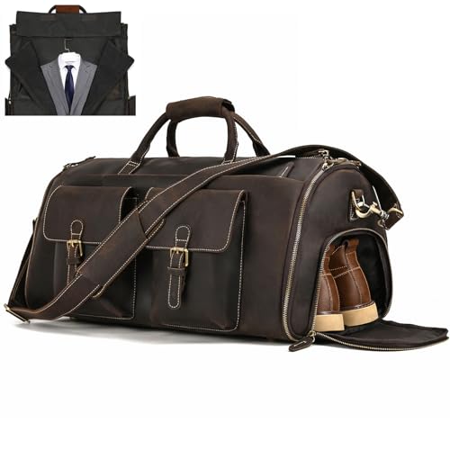 Reisetasche Herren echt Leder, Kleidersack Reisetasche Anzugsack 2 in 1 Garment Bag mit Schuhfach, Sporttasche Weekender Reisetasche für Herren, 2203 Dunkelbraun von newsbirds