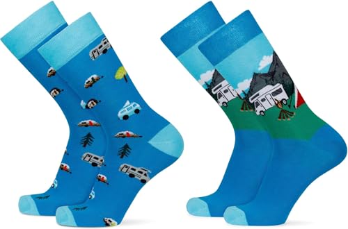 2 Paar Lustige Socken | Bunte Socken mit abwechslungsreichen Mustern und Farben | Mit komfortablem Piqué-Bund | Baumwolle, Polyamid und Elasthan Farbe Camping Größe 42-47 von normani