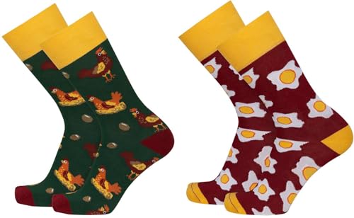 2 Paar Lustige Socken | Bunte Socken mit abwechslungsreichen Mustern und Farben | Mit komfortablem Piqué-Bund | Baumwolle, Polyamid und Elasthan Farbe Hühnchen Größe 36-41 von normani