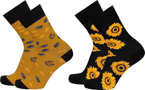 2 Paar Lustige Socken | Bunte Socken mit abwechslungsreichen Mustern und Farben | Mit komfortablem Piqué-Bund | Baumwolle, Polyamid und Elasthan Farbe Sonnenblumen Größe 36-41 von normani