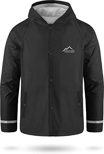 Kids Kinder Regenjacke mit Kapuze Regenmantel mit Einschubtaschen für Jungen und Mädchen - Wassersäule: 5000 mm mit 3M™ Scotchlite™ Reflektoren und 2-Wege-Stretch Farbe Schwarz Größe L-146/152 von normani