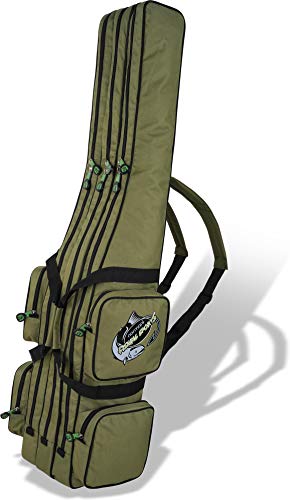 Rutentasche Rod Case Angelkoffer Futteral mit 2, 3 oder 4 Ruten-Fächern, Verschiedene Längen wählbar - stark wasserabweisender Fishing Rucksack Farbe Dunkelgrün 3 Innenfächer Größe 160 cm von normani