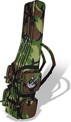 Rutentasche Rod Case Angelkoffer Futteral mit 3 Ruten-Fächern, verschiedene Längen wählbar - stark wasserabweisender Fishing Rucksack Farbe Woodland 2 Innenfächer Größe 125 cm von normani