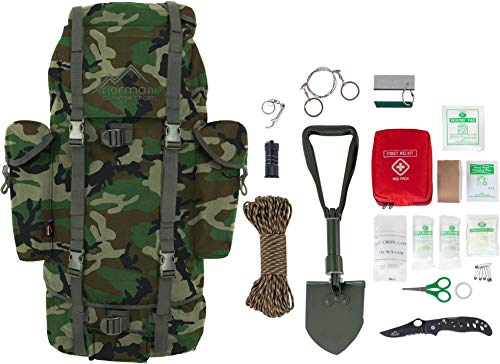 Survival Überlebens Set BW Bundeswehr Rucksack + Bundeswehr Mini Spaten nach TL + Einhandmesser + Erste Hilfe Notfall Kit + Drahtsäge + Flaschenöffner + Fire Rope in versch. Farben Farbe Woodland von normani