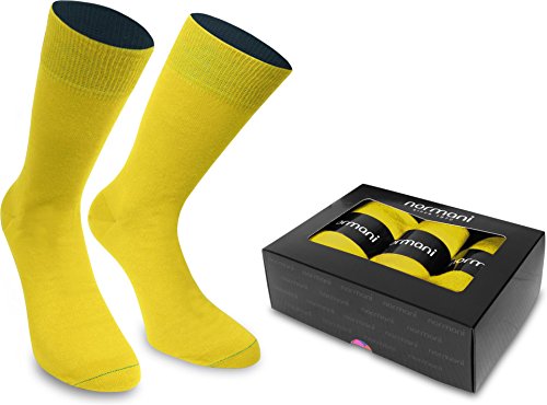normani 3 Paar Bi-Color Socken für Herren und Damen - Baumwolle - farbig abgesetzter Bund Farbe 3er Box - Gelb/Marine Größe 43/46 von normani