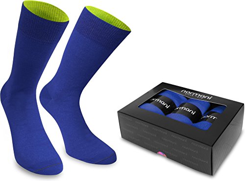 normani 3 Paar Bi-Color Socken für Herren und Damen - Baumwolle - farbig abgesetzter Bund Farbe 3er Box - Royalblau/Säuregelb Größe 43/46 von normani