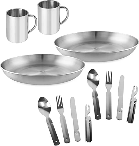 normani Camping Edelstahl Geschirrset 2X Besteckset + 2X Teller + 2X Tasse Farbe Silber Flach von normani