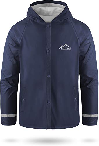 normani Kids Kinder Regenjacke mit Kapuze Regenmantel mit Einschubtaschen für Jungen und Mädchen - Wassersäule: 5000 mm mit 3M™ Scotchlite™ Reflektoren und 2-Wege-Stretch Farbe Navy Größe XL-158/164 von normani