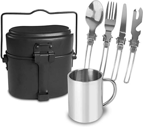 Outdoor Essgeschirr-Set bestehend aus Edelstahl Besteck, Tasse und BW Kochgeschirr Farbe Schwarz von normani