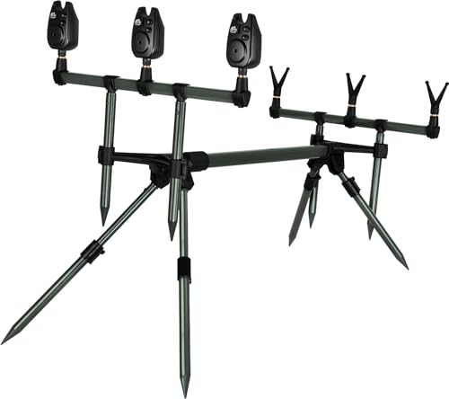 Rutenhalter Rod Pod Aluminium Angelständer Rutenauflage mit Bissanzeiger und V-Auflagen - Verstellbarer Rutenständer für 3 Ruten mit Teleskopfüßen und Transporttasche Farbe Oliv von normani