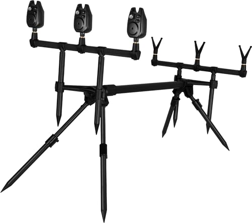 normani Rutenhalter Rod Pod Aluminium Angelständer Rutenauflage mit Bissanzeiger und V-Auflagen - Verstellbarer Rutenständer für 3 Ruten mit Teleskopfüßen und Transporttasche Farbe Schwarz von normani