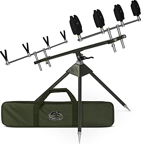 Rutenhalter Ruten-Set Rutenauflage Rod Pod mit Bissanzeiger und V-Auflage Rutenständer aus Aluminium für 4 Ruten mit Teleskopfüßen Angel-Ständer mit Transporttasche Farbe Olive von normani