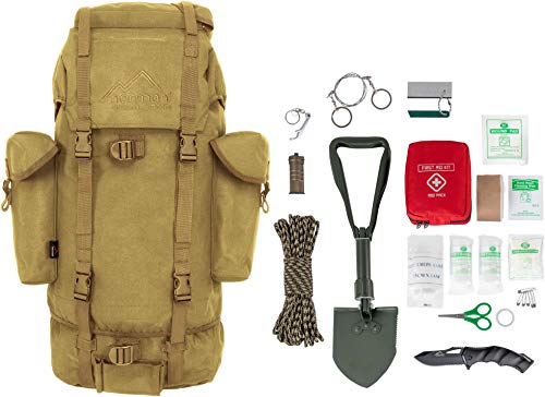 normani Survival Notfallset Überlebens Set BW Rucksack Kampfrucksack + BW Mini Spaten nach TL + Einhandmesser + Erste Hilfe Notfll Kit -19 Teilig Farbe Coyote von normani