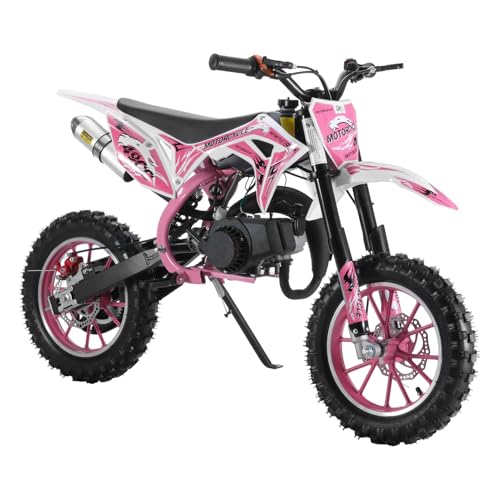 ohfruit 49cc 2-Takt Kinder Dirt Bike Off Road Mini Motorrad Mini Dirt Bikes Motorrad Gas Power Bike Off Road Kinder Pocket Motorrad mit Scheibenbremsen vorne hinten Seilzugstarter Rosa von ohfruit