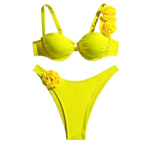 omiinitio Hochgeschnittener Badeanzug Für Frauen Feste Farbschwimmkostüm 3D Blumenschwimmbekleidung Zwei PCs Split Badeanzüge von omiinitio