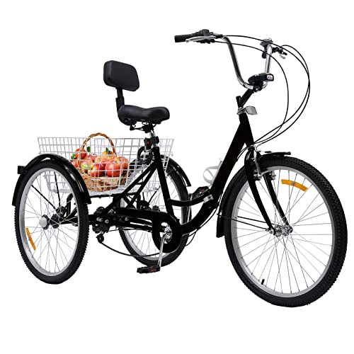 panfudongk Erwachsenen Dreirad, Klappbares Faltbares Dreirad - 24 Zoll Fahrrad aus Carbon Steel, 7-Gang Schaltung, LED Licht, bis zu 140kg Tragfähigkeit - Modernes (Black) von panfudongk