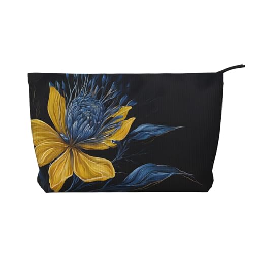 Reise-Kulturtasche aus Leder mit Reißverschluss und türkis-blauen Blumen und goldenen Blumen, Kosmetiktasche für Damen, kleine Schminktasche für die Handtasche, tragbare Reise-Kosmetiktasche, Geschenk von peiyeety