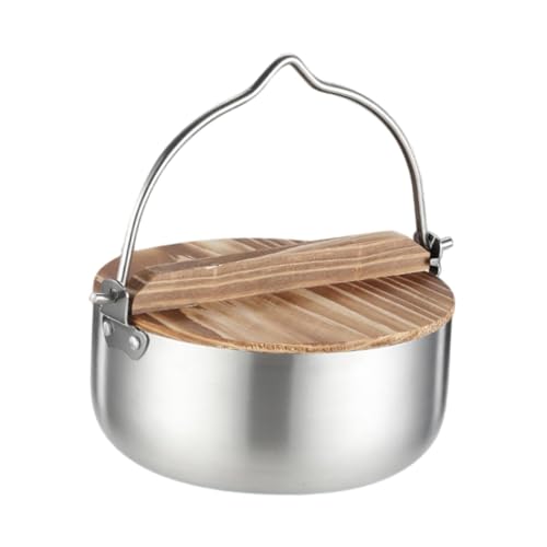 perfk Camping Kochtopf Outdoortopf Camping Kochgeschirr Edelstahl Rund mit Holzdeckel Hängetopf für Camp Wandern Picknick BBQ von perfk