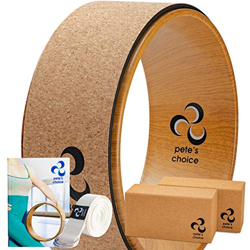 Yoga Rad Holz und Yoga Blocks aus Kork mit Zusätzlichem eBook und Yoga Gurt. Extra Feste, Massive Yoga-Blöcke, Bessere Unterstützung, Natürliches und Umweltfreundliches Fitness Zubehör von pete's choice