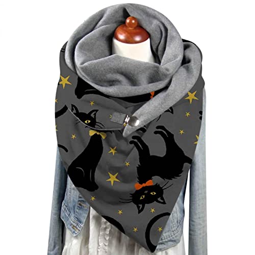 Damen Schal, Dreiecksschal Elegant Farbe Katze Tier Drucken Button Dreieckstuch Warmee Herbstschal Winterschal Karo Tartan Halstücher Cape Herbstschal Mit Knöpfen Weich Dreieckstuch Scarf Lätzchen von pitashe_Bekleidung