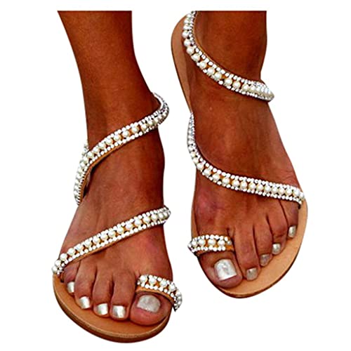 Pitashe Sandalen Damen mit Absatz Retro Damen Sommer Rom Farbe Glitzer Strass Kreuzgurt Flache Frauen Strandsandalen Pantoletten Römersandalen Sandaletten Flip Flops Hausschuhe Slipper Sommerschuhe von pitashe_Bekleidung