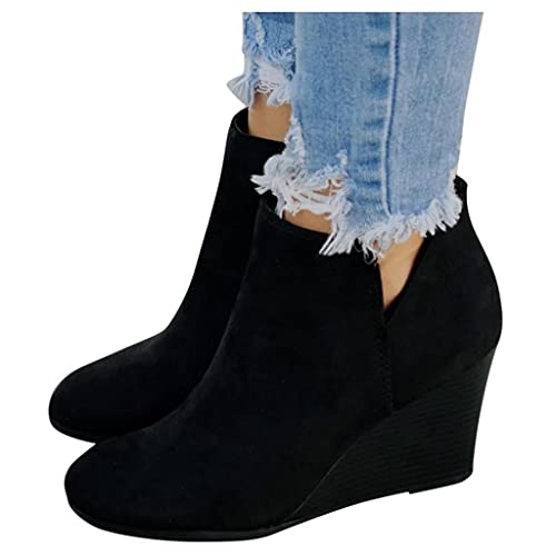 Wedge Boots Damen, Damen Stiefeletten Gemütlich Booties mit Blockabsatz Comfort Kunstleder Anziehen Frauen Ankle Boots Bootie Herbst Winter Stiefel Schneestiefel Stiefelette schwarz braun Khaki rot von pitashe_Bekleidung