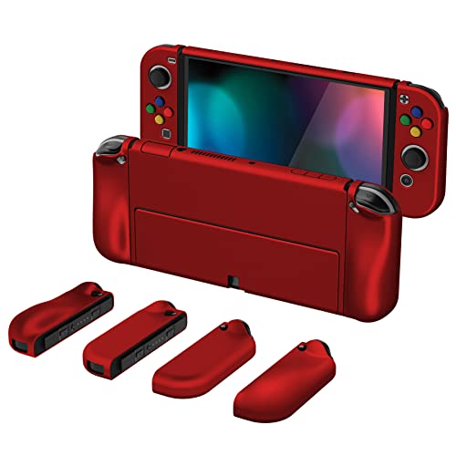 PlayVital AlterGrips Hülle für Nintendo Switch OLED, Joy Con Slim Case Hülle Schutzhülle Dockable Zubehör, Ergonomische Grip mit Thumbstick Caps&Tasten Kappen für Nintendo Switch OLED(Scharlachrot) von playvital