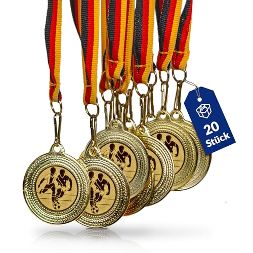 Pokal-Fabrik - Fußball-Medaillen 20er Set Metall - Fussballmedaille golden zum Umhängen für Siegerehrungen - Medaillen Kinder mit Deutschlandband & Emblem für Vereine & Turniere von pokal-fabrik.de