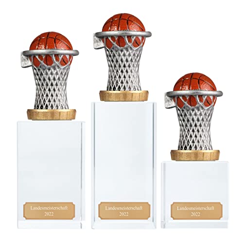 Pokalset, Trophäen Basketball mit Glassockel 3 Stück Größe S, M und L mit Gravur von pokalspezialist