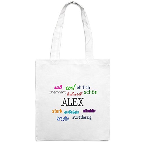 Jutebeutel mit Namen Alex - Motiv Positive Eigenschaften - Farbe weiß – Stoffbeutel, Jutesack, Hipster, Beutel von printplanet