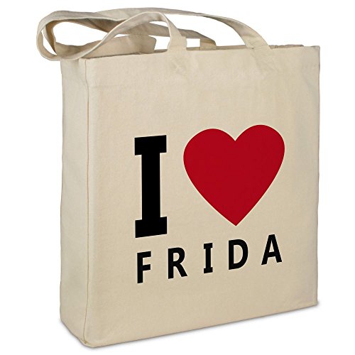 Stofftasche mit Namen Frida - Motiv I Love - Farbe beige - Stoffbeutel, Jutebeutel, Einkaufstasche, Beutel von printplanet