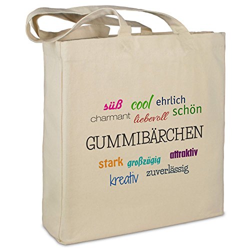 Stofftasche mit Namen Gummibärchen - Motiv Positive Eigenschaften - Farbe beige - Stoffbeutel, Jutebeutel, Einkaufstasche, Beutel Stofftasche mit Namen Gummibärchen - Motiv Positive Eigenschaften - Farbe beige - Stoffbeutel, Jutebeutel, Einkaufstasche, Beutel von printplanet