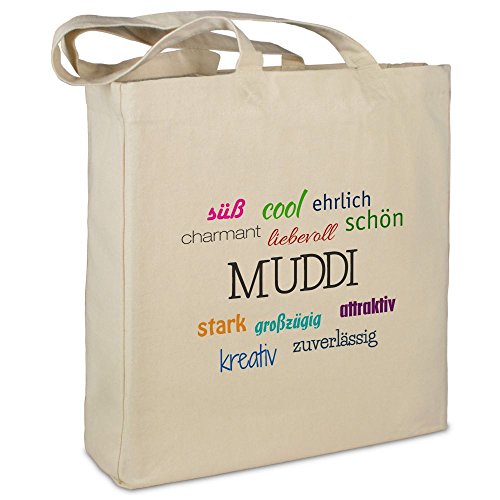 Stofftasche mit Namen Muddi - Motiv Positive Eigenschaften - Farbe beige - Stoffbeutel, Jutebeutel, Einkaufstasche, Beutel von printplanet