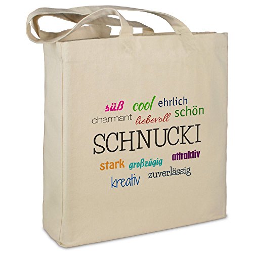 Stofftasche mit Namen Schnucki - Motiv Positive Eigenschaften - Farbe beige - Stoffbeutel, Jutebeutel, Einkaufstasche, Beutel Stofftasche mit Namen Schnucki - Motiv Positive Eigenschaften - Farbe beige - Stoffbeutel, Jutebeutel, Einkaufstasche, Beutel von printplanet