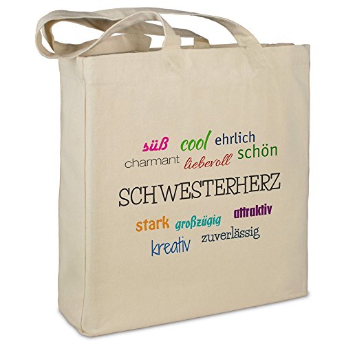 Stofftasche mit Namen Schwesterherz - Motiv Positive Eigenschaften - Farbe beige - Stoffbeutel, Jutebeutel, Einkaufstasche, Beutel von printplanet