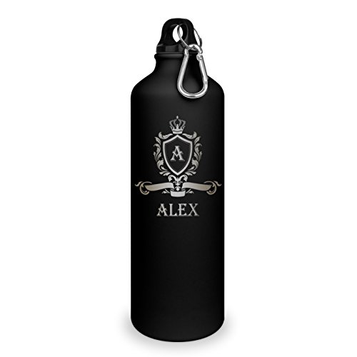 Trinkflasche mit Namen Alex - graviert mit Wappen Monogramm, Aluminiumflasche mit Gravur, Sportflasche - matt schwarz von printplanet