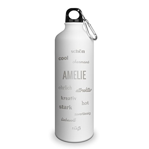 Trinkflasche mit Namen Amelie - graviert mit Positive Eigenschaften, Aluminiumflasche mit Gravur, Sportflasche - matt weiß von printplanet