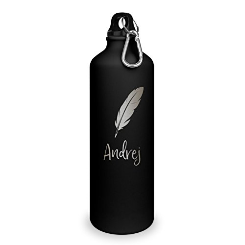 Trinkflasche mit Namen Andrej - graviert mit Feder Layout, Aluminiumflasche mit Gravur, Sportflasche - matt schwarz von printplanet