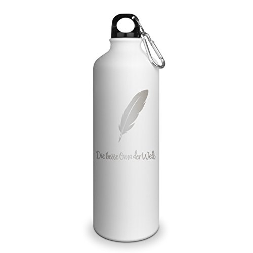 Trinkflasche mit Namen Beste Oma der Welt - graviert mit Feder Layout, Aluminiumflasche mit Gravur, Sportflasche - matt weiß von printplanet