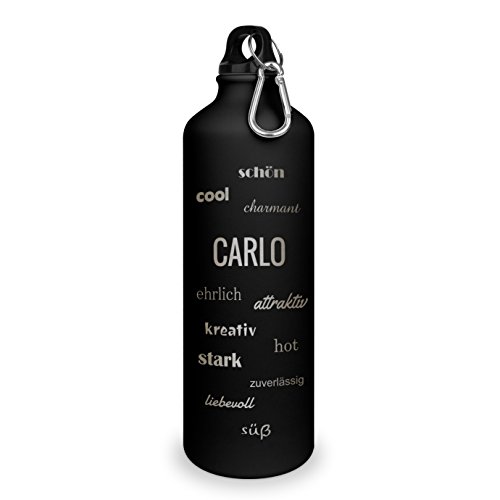 Trinkflasche mit Namen Carlo - graviert mit Positive Eigenschaften, Aluminiumflasche mit Gravur, Sportflasche - matt schwarz Trinkflasche mit Namen Carlo - graviert mit Positive Eigenschaften, Aluminiumflasche mit Gravur, Sportflasche - matt schwarz von printplanet