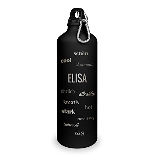 Trinkflasche mit Namen Elisa - graviert mit Positive Eigenschaften, Aluminiumflasche mit Gravur, Sportflasche - matt schwarz von printplanet