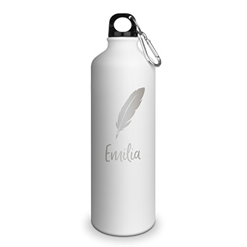 Trinkflasche mit Namen Emilia - graviert mit Feder Layout, Aluminiumflasche mit Gravur, Sportflasche - matt weiß Trinkflasche mit Namen Emilia - graviert mit Feder Layout, Aluminiumflasche mit Gravur, Sportflasche - matt weiß von printplanet