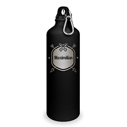 Trinkflasche mit Namen Maximilian - graviert mit Hipster Layout, Aluminiumflasche mit Gravur, Sportflasche - matt schwarz von printplanet