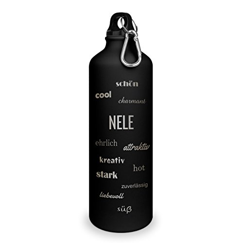 Trinkflasche mit Namen Nele - graviert mit Positive Eigenschaften, Aluminiumflasche mit Gravur, Sportflasche - matt schwarz von printplanet