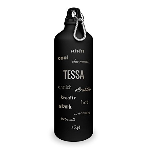Trinkflasche mit Namen Tessa - graviert mit Positive Eigenschaften, Aluminiumflasche mit Gravur, Sportflasche - matt schwarz von printplanet