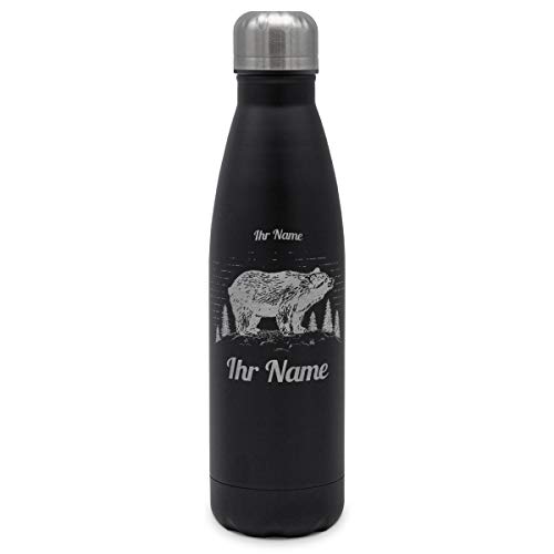 printplanet - Isolierte Trinkflasche mit Text oder Namen graviert - Edelstahl Thermo-Flasche mit Gravur, 500ml - Schwarz - Motiv: Bär von printplanet